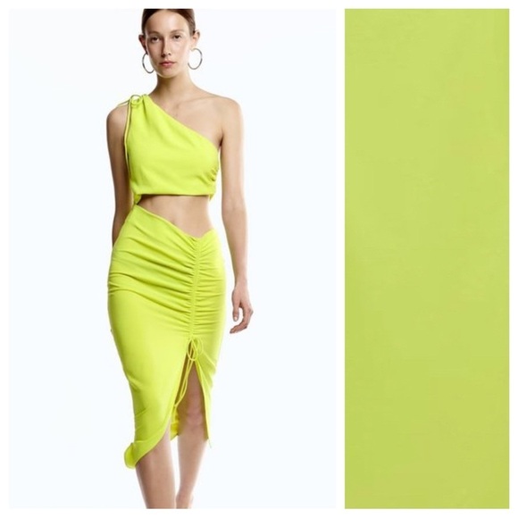 NWT. Zara Lime Green Asymmetric Draped Midi Dress. Size XS. - Picture 1 of 9